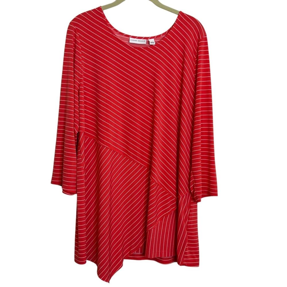 Susan Graver Women’s Asymmetrical Hem Tunic Top Orange/Coral & White Stripe — XL